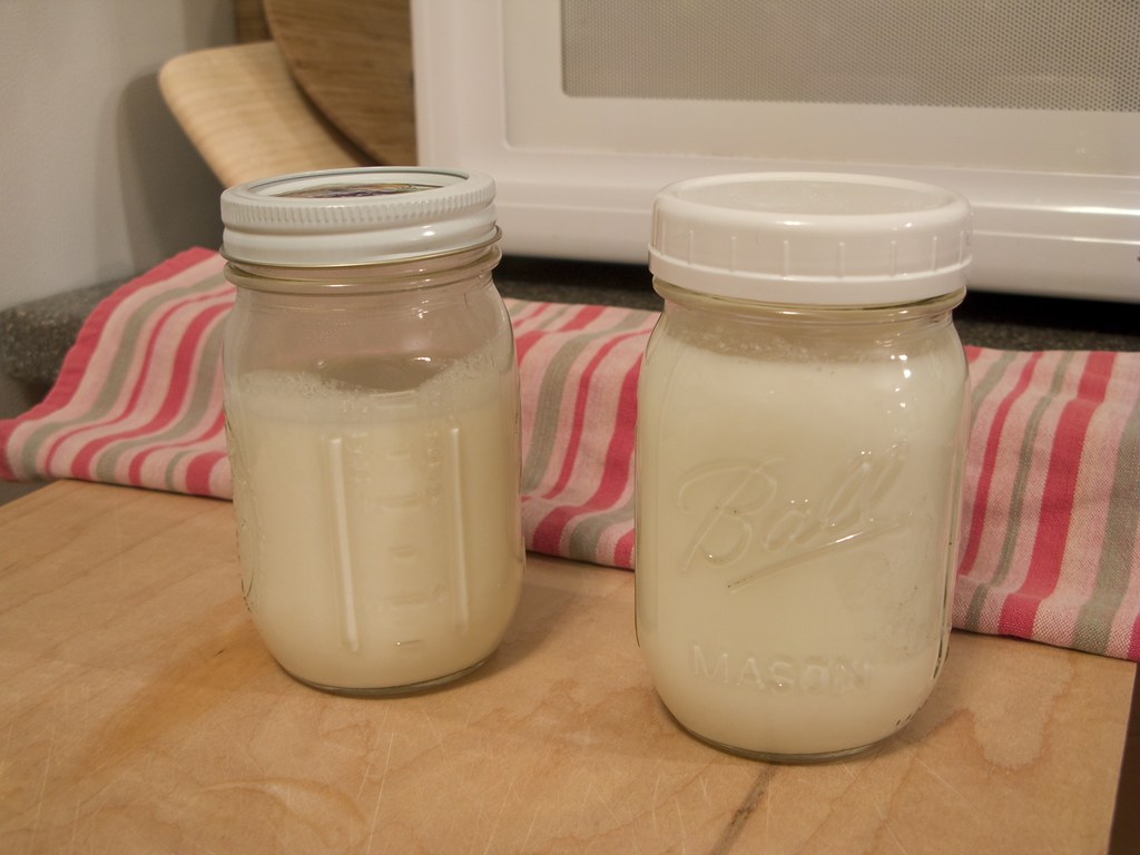 Jars of homemade milk kefir fermenting